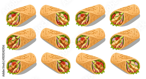 Chicken Shawarma Wrap Illustration Set with Fresh Vegetables and Grilled Meat isolated on white background