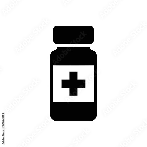 Black and white icon of a medicine bottle with a cross symbol
