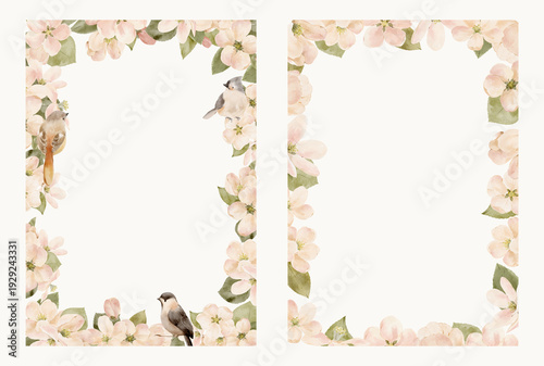 Watercolor floral borders with birds and apple blossoms in soft tones. Hand painted vertical frames for wedding invitations and nursery decor.