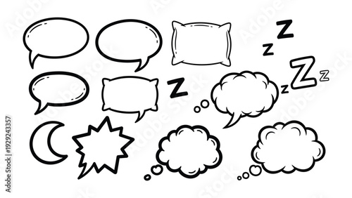 Dreamy Thought Bubbles and Slumber Elements: An array of whimsical speech bubbles and sleep-related icons. Showcasing dreams, thoughts, and peaceful rest. Ideal for illustrating imagination.
