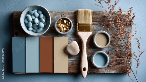 Home decor color palette with paint brush and natural elements flat lay
