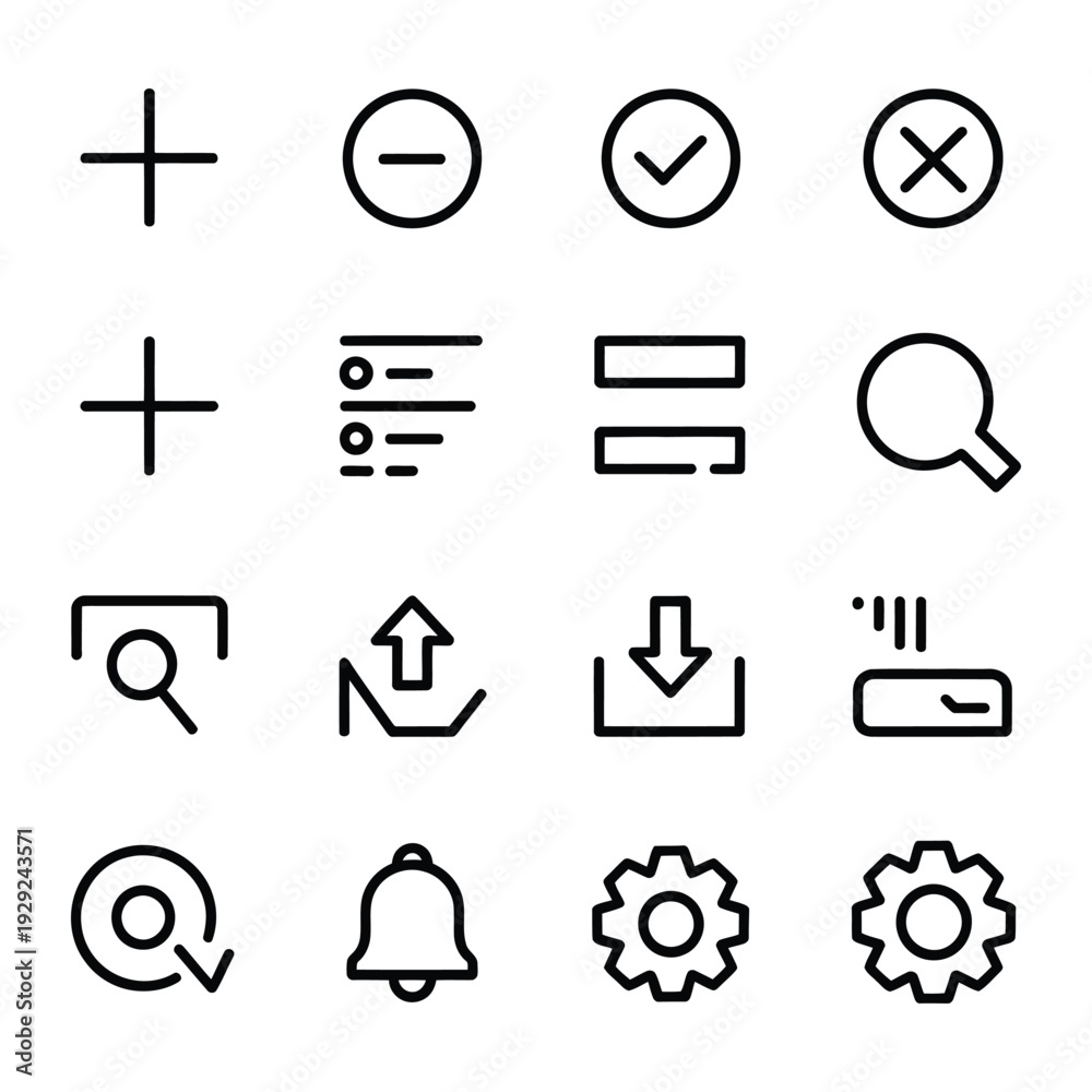 Fototapeta premium Iconic Interface Elements: A set of essential user interface icons, meticulously crafted with clean lines and universal symbolism, ready for seamless integration into various digital interfaces.