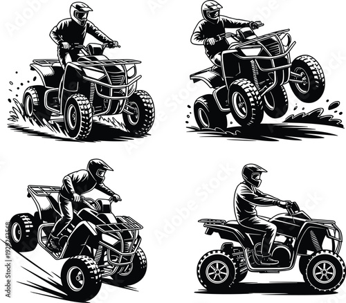 ATV rider silhouette icon variations with helmets, splashes, wheelies and adventure sports theme - black vector illustration set