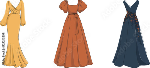 Smooth outline vector of classic style women’s dresses, vintage long sleeve evening gowns, formal retro fashion sketches, timeless elegant garment illustration