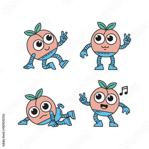 Cartoon peach character dancing and having fun in various poses with blue robotic limbs