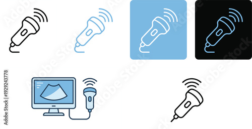 Wireless Ultrasound Scanner Line Icon Set with Portable Medical Probe and Diagnostic Imaging Monitor