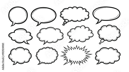 Communication Clouds: A diverse collection of speech bubbles, conveying thoughts, ideas, and dialogues, offering versatility for creative concepts.
