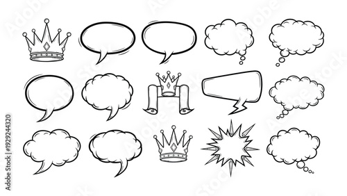 Conversation bubbles set: a set of diverse and elegant thought and conversation bubbles, each exuding a unique style and offering an ideal setting to convey messages, thoughts, or creative content.