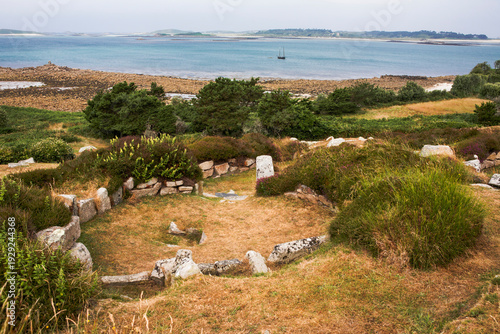 A hut circle in Halangy Down Ancient Village, St. Mary's, Isles of Scilly, UK