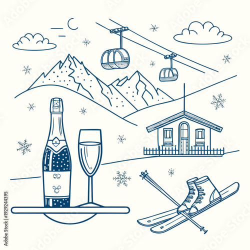 Hand Drawn Winter Ski and Mountain Adventure Doodle Icons Set
