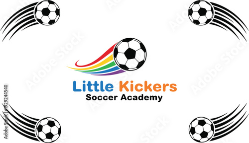 Youth Soccer Academy Logo with Flying Football and Colorful Swoosh Vector Illustration