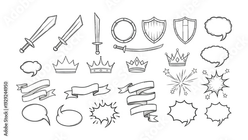Ancient Emblems: A collection of various hand-drawn medieval-themed elements for your designs. Featuring sword, shield, crown, and ribbon elements for creative work. 