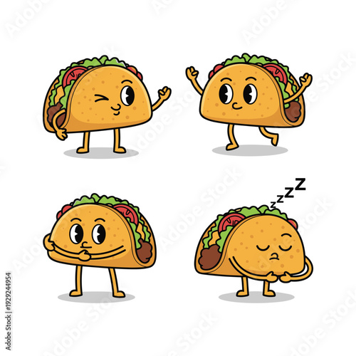Cartoon tacos with different emotions and actions on white background