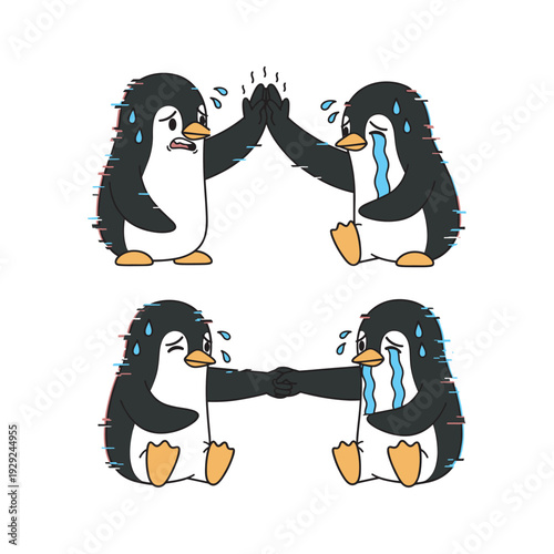 Crying penguins showing emotional support and empathy in a heartwarming illustration with copy space