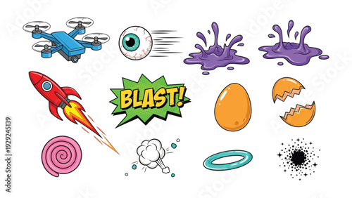 Fun Element Icons: A vibrant collection of whimsical icons including a drone, eye, splatters, rocket, explosion, egg, speech bubble, spiral, ring, and black hole.