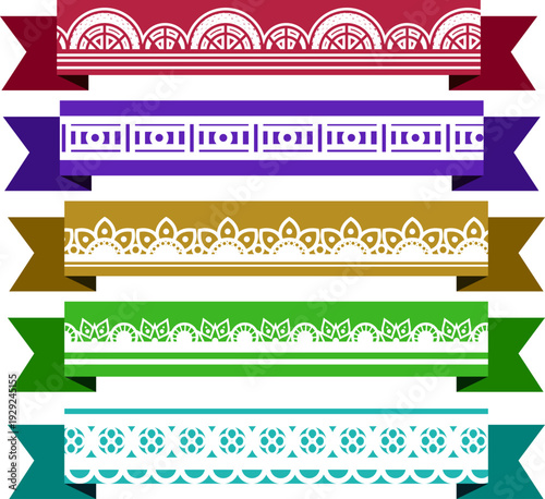民族調オーナメント柄入りカラフルリボンバナー5色セット｜レース風装飾ラインと幾何学模様が美しい見出し用デコレーションフレームベクター素材