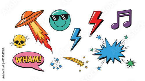 Comic Pop Art Explosion: A dynamic collection of vibrant comic-style elements bursts onto the scene, bringing playful energy and bold expression to the canvas.