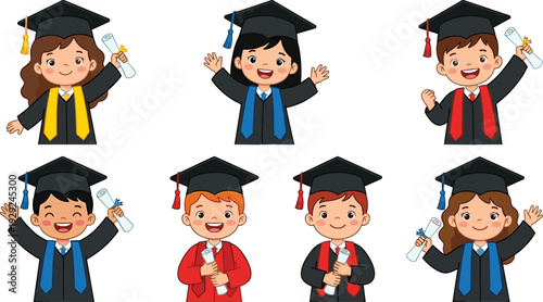 Cartoon children graduation character icon variations with caps, gowns, diplomas and celebration theme - colored vector illustration set