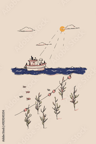 Coastal Kelp Farm Harvesting Scene