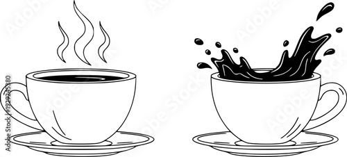 Line coffee cups steaming hot and with a liquid splash