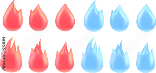 赤と青の炎と水滴をモチーフにしたグラデーション立体アイコンセット、火属性と水属性を表現したファンタジー風エレメント素材、ゲームUI・アプリアイコン・デジタル演出に使える抽象3Dイラスト集