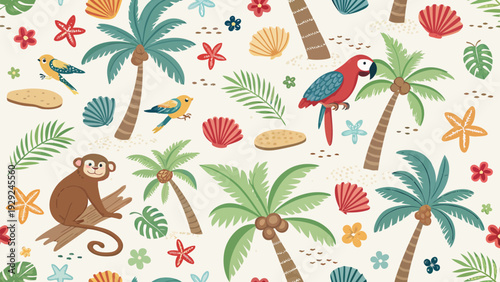 Vibrant tropical scrapbook pattern with colorful parrot monkey palm trees and seashells on white background
