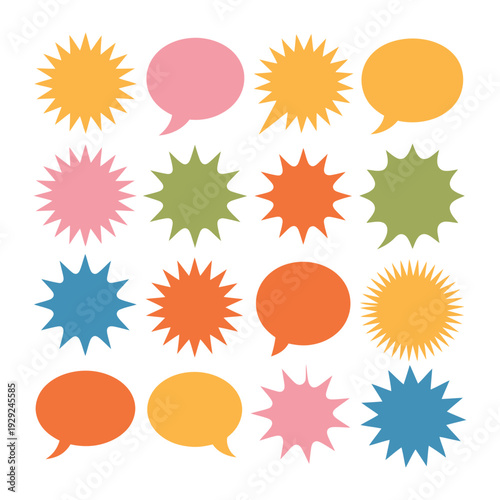 Colorful Speech Bubbles and Starbursts: A vibrant arrangement of speech bubbles and starbursts, each in a unique hue. The design is perfect for illustrating communication, ideas, and emphasis.
