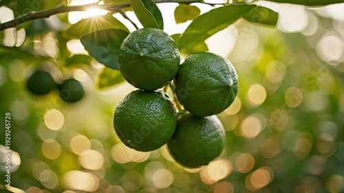 Wallpaper Mural Fresh green limes grow on tree branch in sunlight. Vibrant citrus fruits create beautiful natural bokeh. Bright morning atmosphere enhances freshness and vitality. Torontodigital.ca