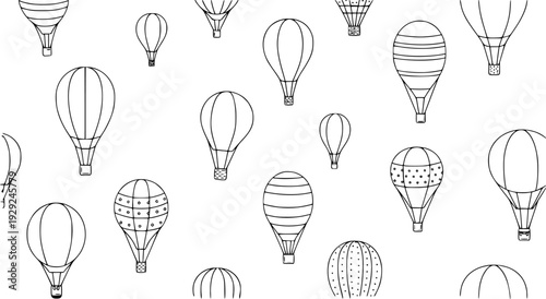 Seamless pattern of hand drawn hot air balloons with various white background travel