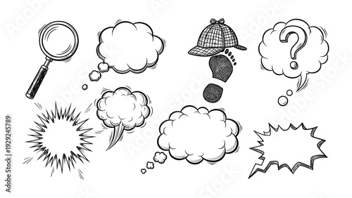 Detective's Doodle Elements: An engaging collection of detective-themed elements, hand-drawn to inspire creativity and curiosity, perfect for storytelling and design.