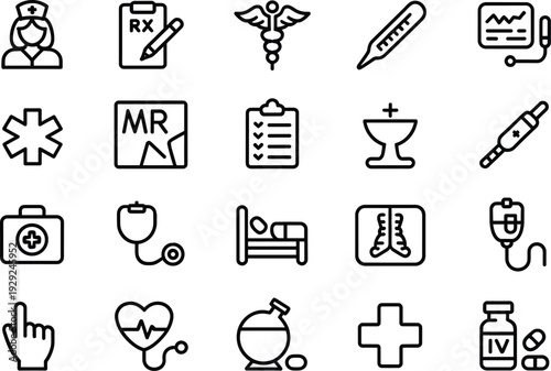 Medical set including nurse clipboard thermometer caduceus star of life medical, healthcare, symbols, nurse, doctor, clipboard, thermometer, caduceus, star of life, medical bag, stethoscope, hospital 