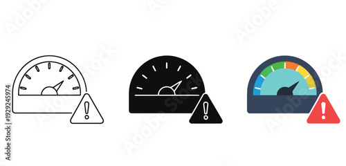 Warning gauge Vector Set in Three Styles — Line Art, Silhouette and Color Version with speedometer and pressure meter alerts displayed clearly