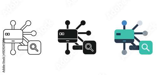 Stylized computer servers Vector Set in Three Styles — Line Art, Silhouette and Color Version connected to network nodes with search icons