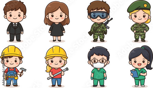 Cartoon profession character icon variations with business, military, construction, and healthcare theme - colored vector illustration set