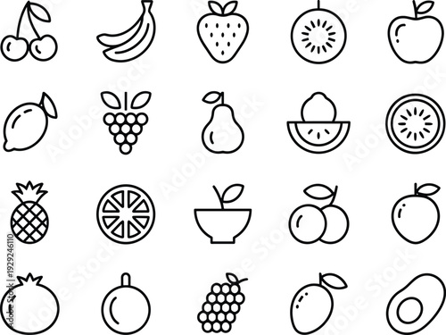 Black line of various fruits line black and white cherries fruit, line black and white, cherries, banana, strawberry, kiwi, apple, lemon, grapes, pear, watermelon, kiwi slice, pineapple, orange slice,