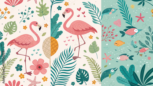 Vibrant summer travel inspired vector patterns featuring flamingos tropical leaves flowers and fish for design projects and backgrounds