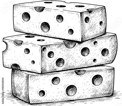 Stacked Blocks of Swiss Cheese with Holes Hand Drawn Isolated White food dairy