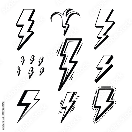 Lightning Bolt Collection: A graphic compilation of various lightning bolt designs in striking black and white, perfect for adding energy and dynamism to any project.