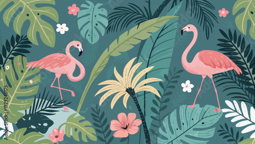 Vibrant tropical seamless pattern with cartoon flamingos lush greenery colorful flowers and exotic leaves on teal background for fun
