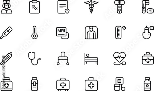 Black and white medical on white background medical healthcare symbols medical healthcare symbols, black and white, line medicine, health, hospital, doctor, nurse, medical equipment, pills, thermomete