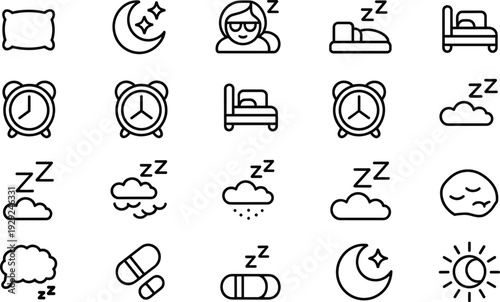 Sleep symbols line black and white alarm clocks beds sleep, symbols, line black and white, alarm clocks, beds, pillows, clouds, moon, sun, stars, zzz, sleeping, dreaming, rest, relaxation, medicine, p