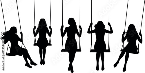 Minimal black silhouette vector of girls swinging on outdoor swings, children playing and moving, isolated on white background illustration