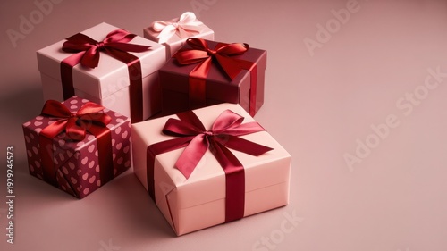 Beautifully wrapped gift boxes in pink and red, adorned with elegant bows, symbolizing joy, celebration, and heartfelt appreciation for special occasions