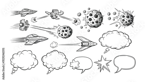 Cosmic Warfare: An exciting cosmic scene, illustrating interstellar combat and communication, showcasing spaceships, asteroids, and thought bubbles for captivating visual storytelling.