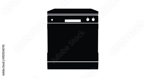 Black silhouette of a modern dishwasher appliance with control panel details
