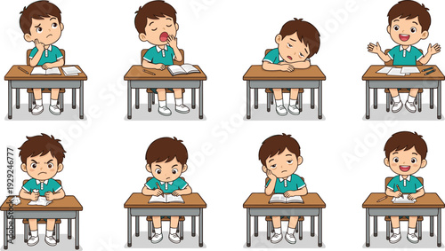 Cartoon schoolboy study desk character icon variations with emotions and homework theme for education design - colored vector illustration set