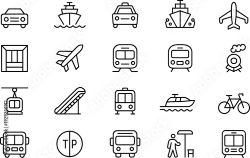 Black and white transportation travel symbols vehicle airplane transportation travel symbols, vehicle airplane, ship, train, car, bus, bicycle, ferry, cable car, escalator, parking sign, clouds, black