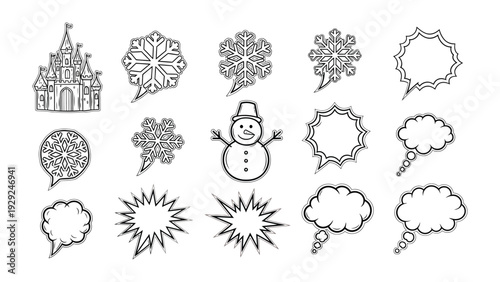 Whimsical Winter Whispers: A collection of charming outline illustrations featuring a fairytale castle, delicate snowflakes, a jovial snowman, and various speech bubbles.