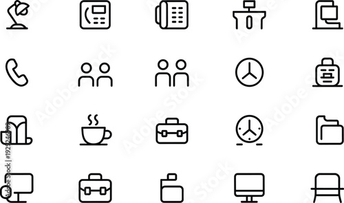 Black and white business office workplace business, black, white, office, workplace, communication, technology, clock, briefcase, coffee, people, phone, computer, monitor, chart, graph, steaming cup, 