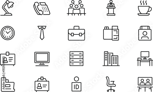 Black and white line of office and business concepts office, business, line black and white, symbols, workplace, communication, technology, furniture, people, clock, tie, briefcase, buildings, compute